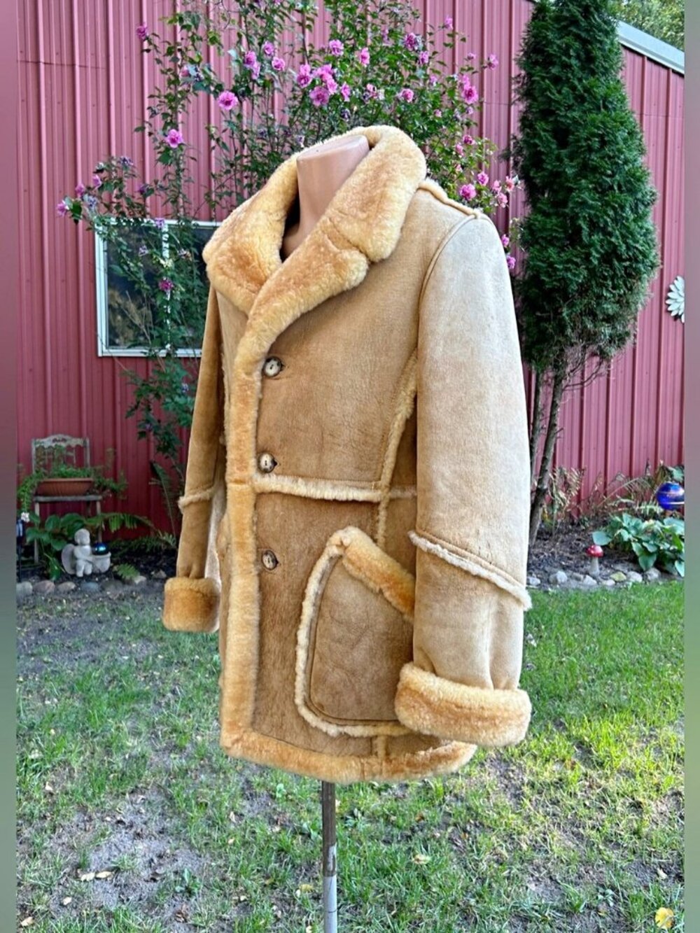 Vintage 70s Leather Loft Mens Tan Shearling Sheepskin Marlboro Man Ranch Coat~L~ - Picture 3 of 8